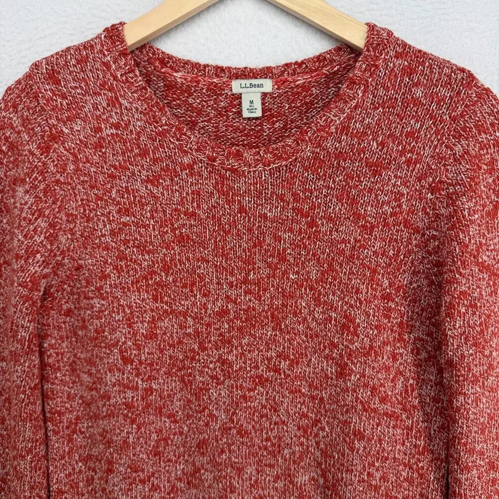 LL BEAN Sweater Womens M Cotton Ragg Pullover Crew Neck Jumper Marled Red